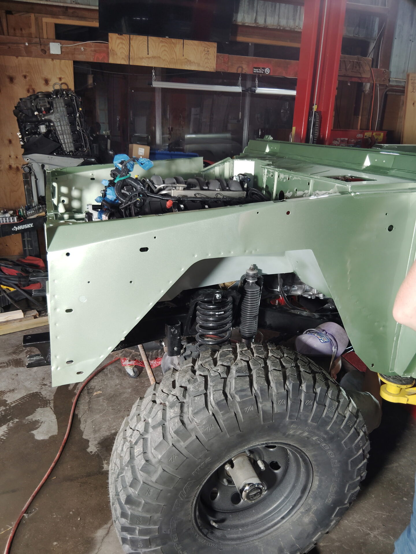 Bronco chassis with engine fitted