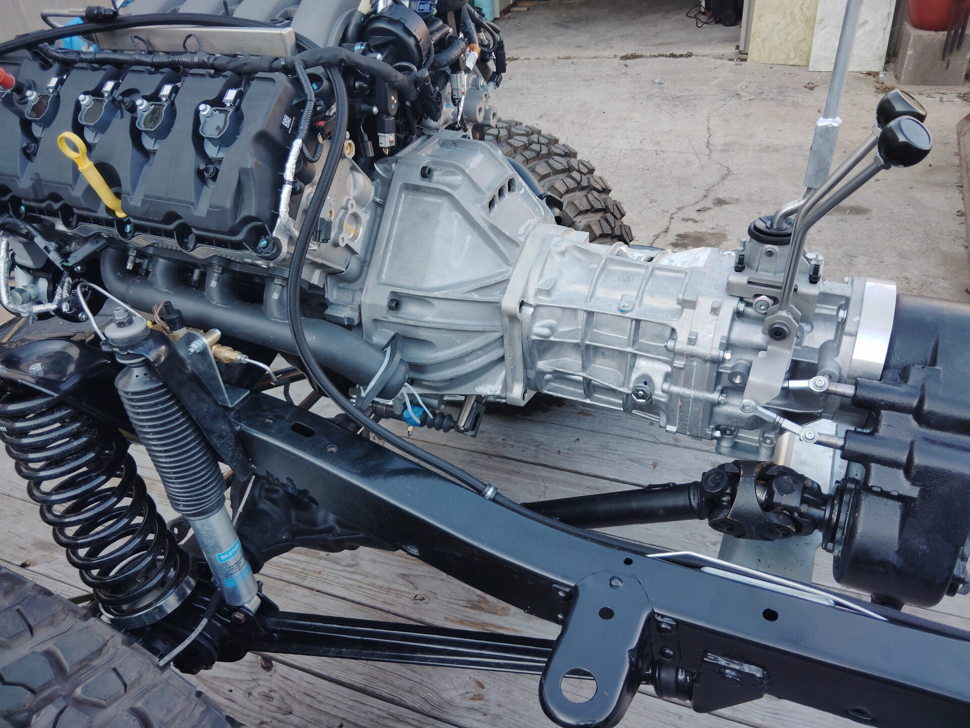 LS3 drivetrain mocked into the bare chassis