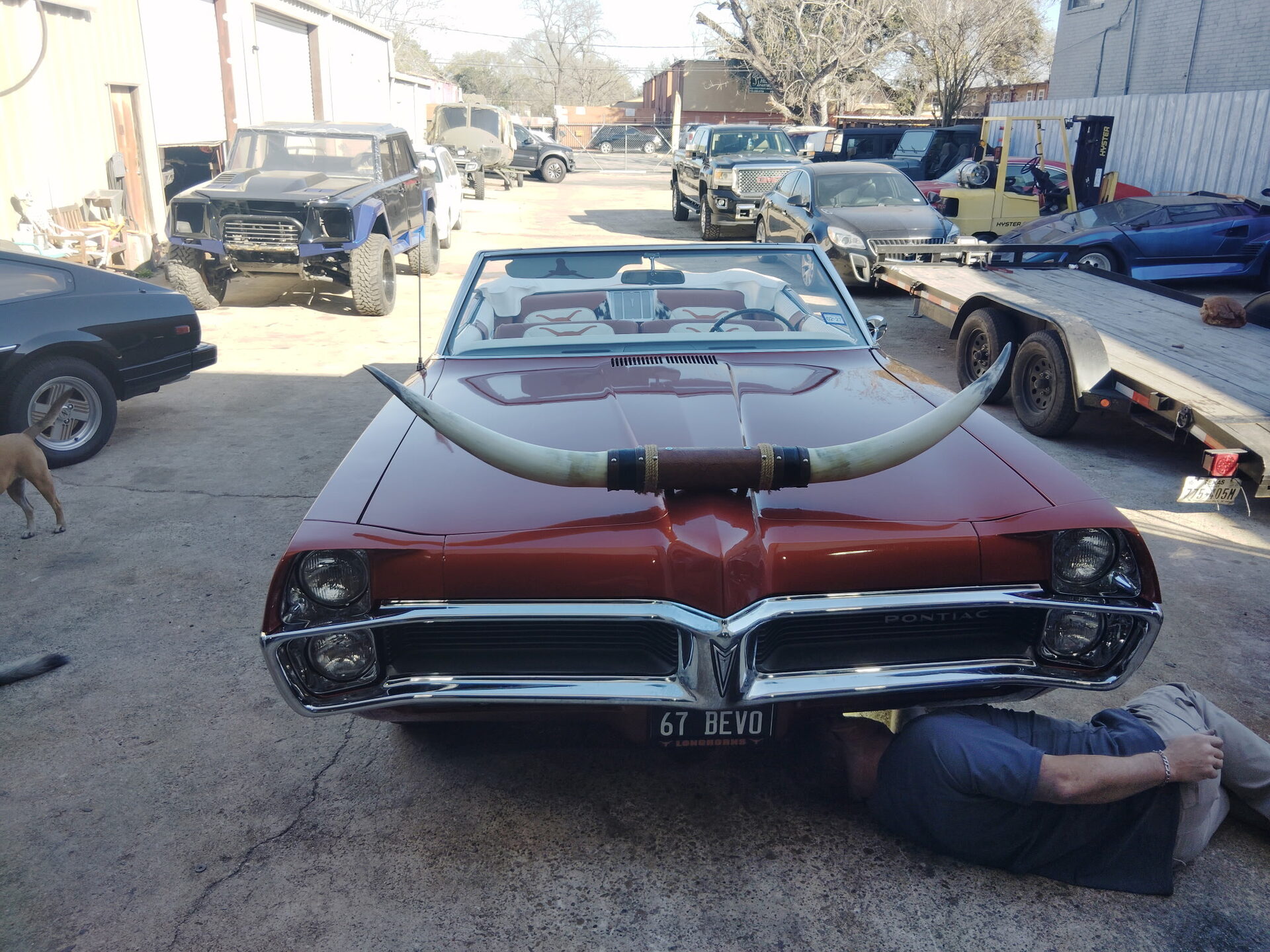 Classic convertible front view in the shop