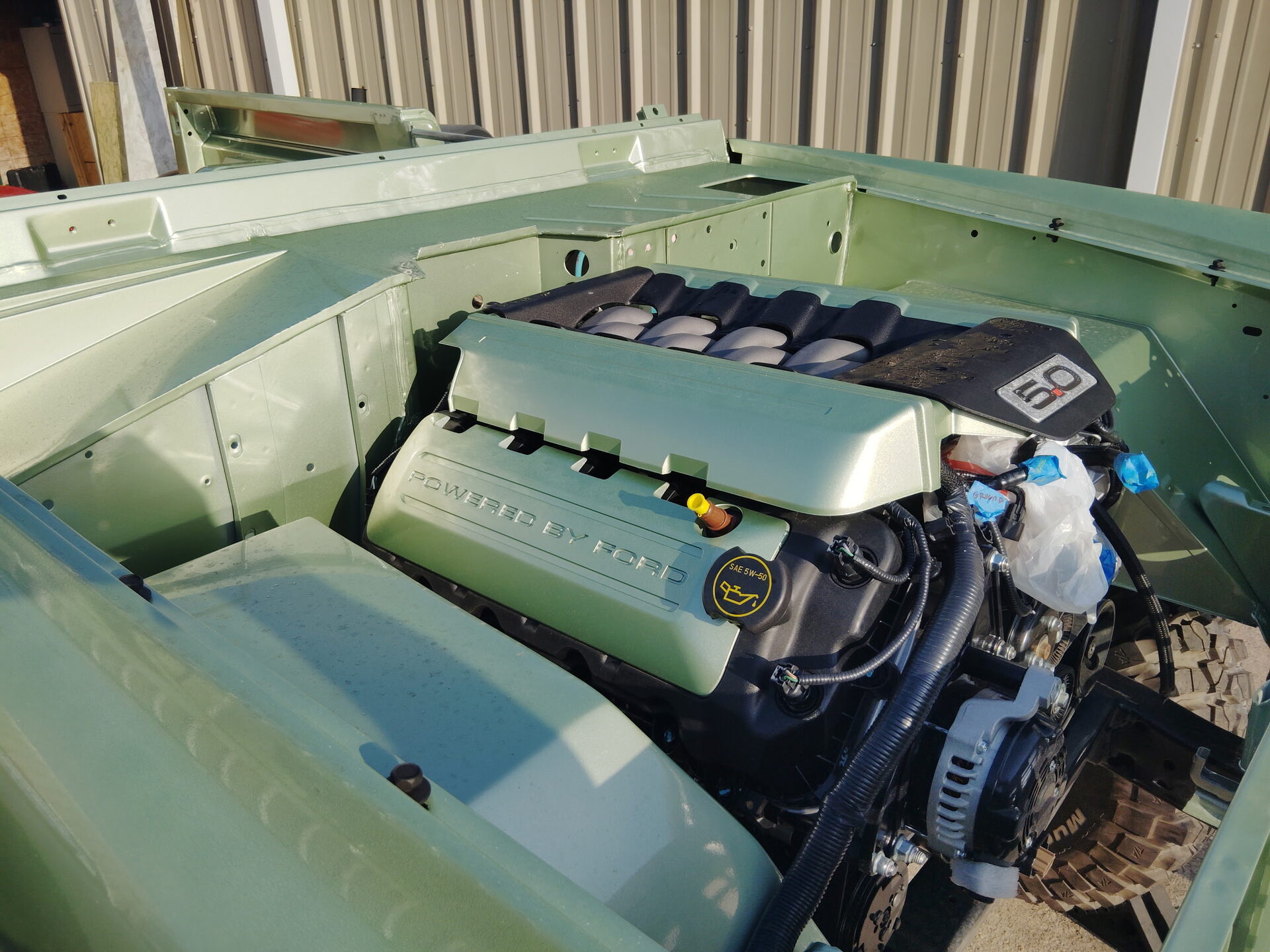 Completed Coyote swap in the Bronco engine bay
