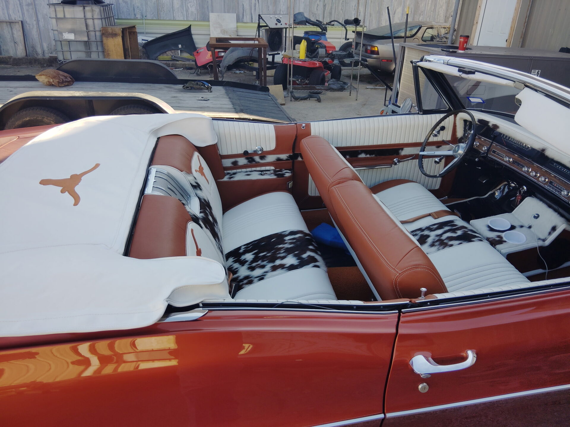 Custom white and tan leather interior with Longhorn embroidery